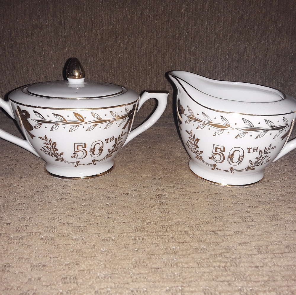 Lefton Japan 50th Anniversary Sugar And Creamer Set Hand Painted Vintage